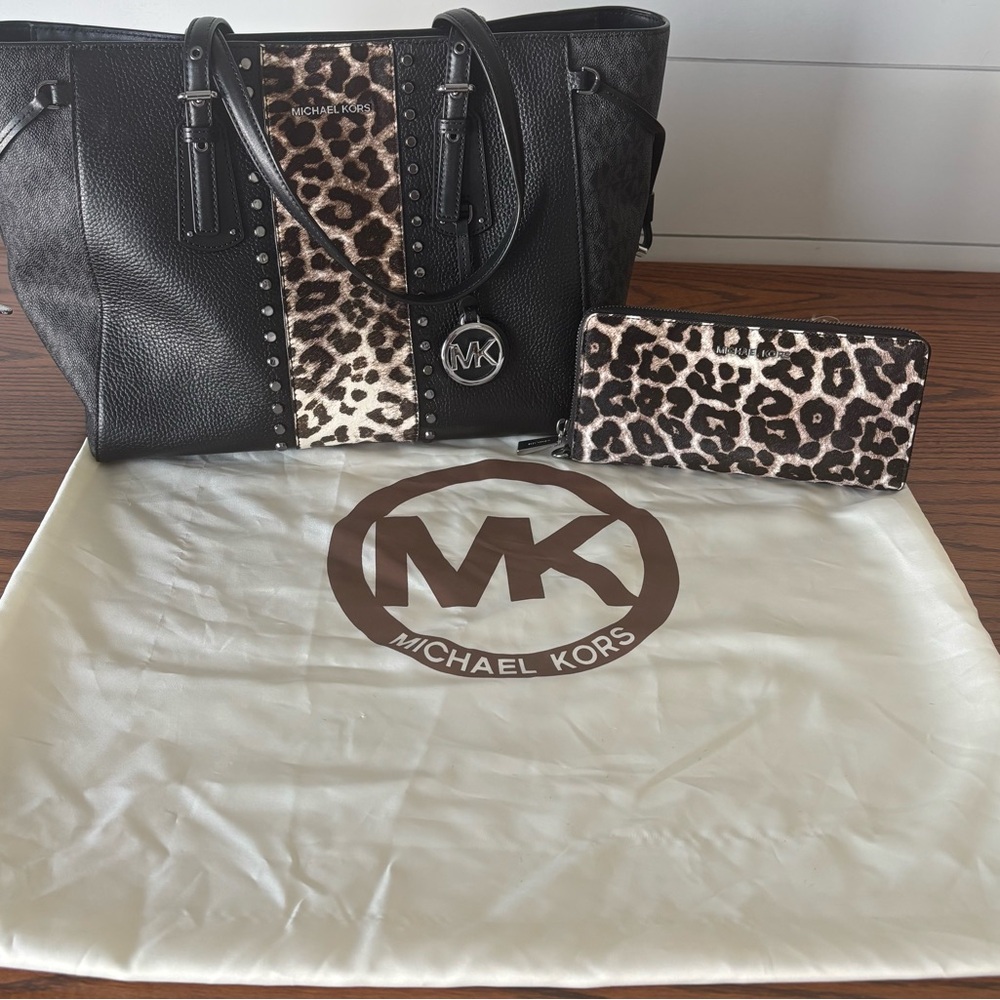 Michael Kors Black and Leopard Print Tote with Wallet